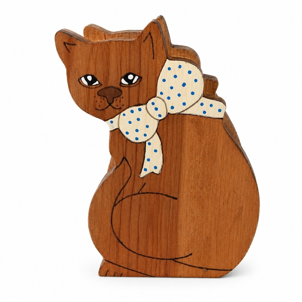 Vintage Wooden Cat Napkin Holder Farmhouse Kitchen Decor Hand Painted Natural